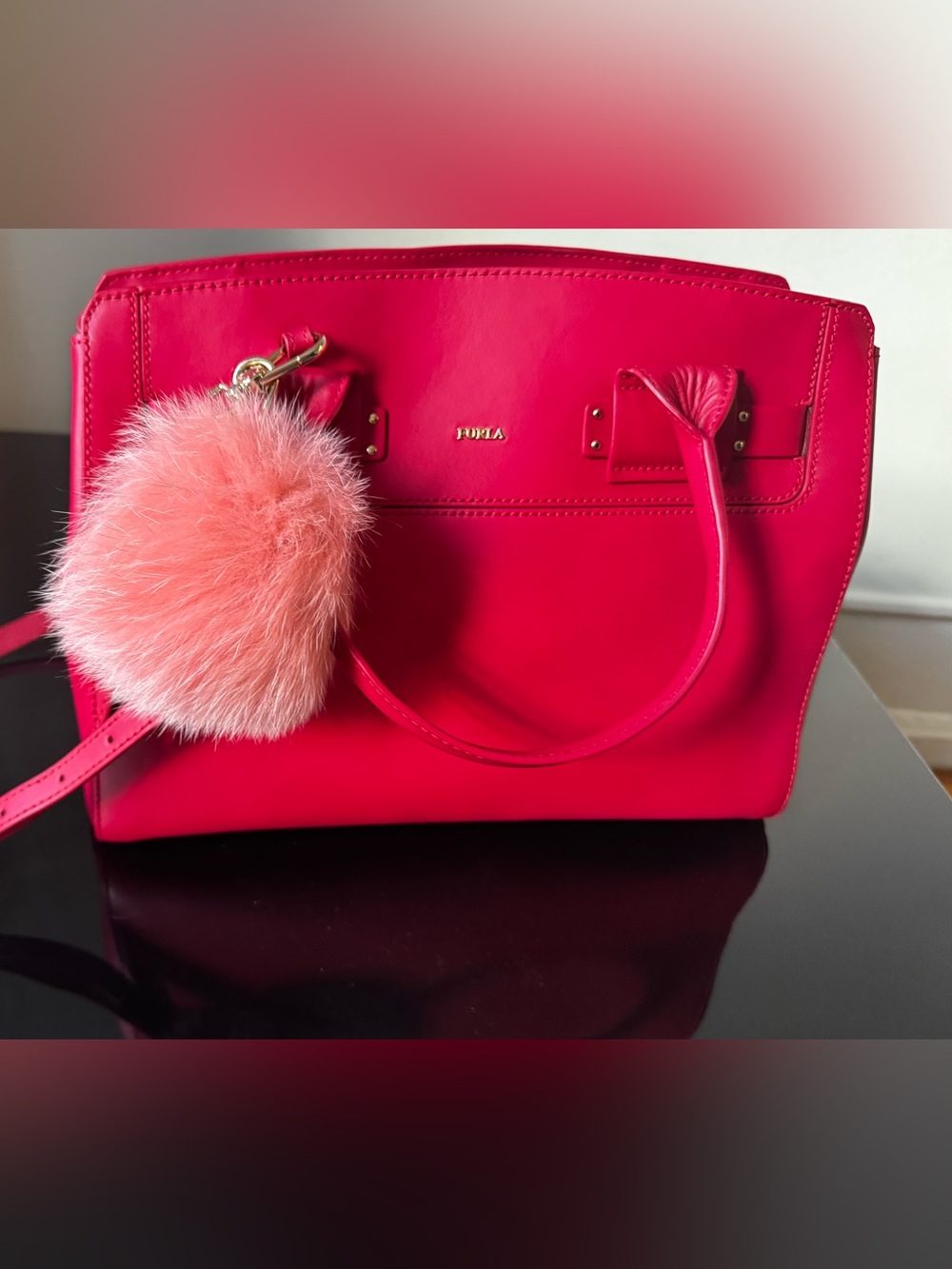 Furla Hot Pink Leather Satchel with Coral Pom Pom